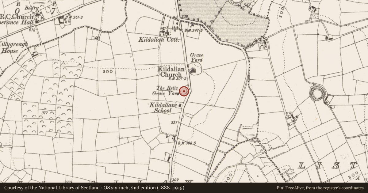 Ordnance Survey six-inch map, 2nd edition (1888–1915) covering the location of Graveyard, Kildallan, County Cavan, with a pin at the register's coordinates