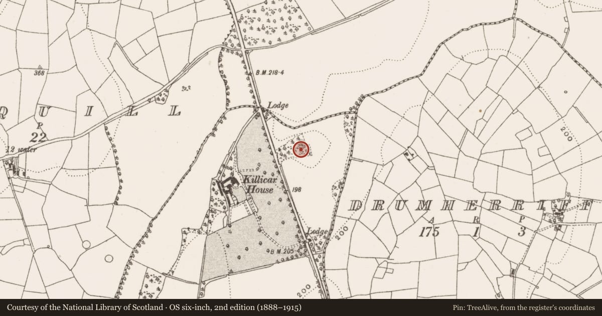 Ordnance Survey six-inch map, 2nd edition (1888–1915) covering the location of Enclosure, Killicar, County Cavan, with a pin at the register's coordinates
