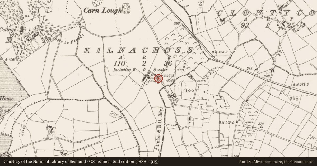Ordnance Survey six-inch map, 2nd edition (1888–1915) covering the location of Ritual site - holy well, Kilnacross, County Cavan, with a pin at the register's coordinates