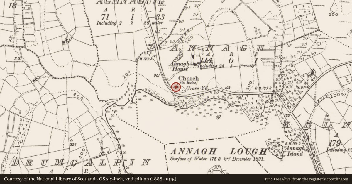 Ordnance Survey six-inch map, 2nd edition (1888–1915) covering the location of Church, Annagh, County Cavan, with a pin at the register's coordinates
