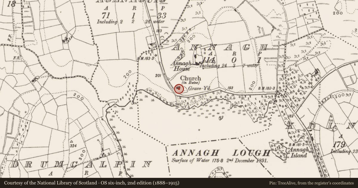 Ordnance Survey six-inch map, 2nd edition (1888–1915) covering the location of Architectural fragment, Annagh, County Cavan, with a pin at the register's coordinates