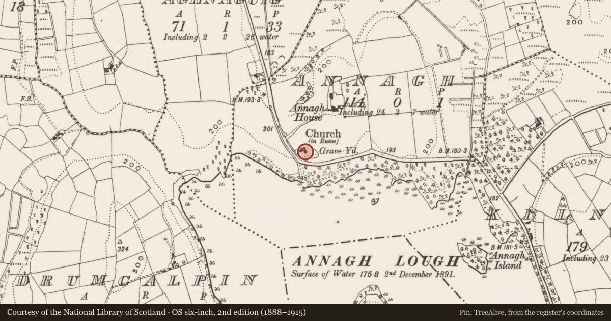 Ordnance Survey six-inch map, 2nd edition (1888–1915) covering the location of Graveyard, Annagh, County Cavan, with a pin at the register's coordinates