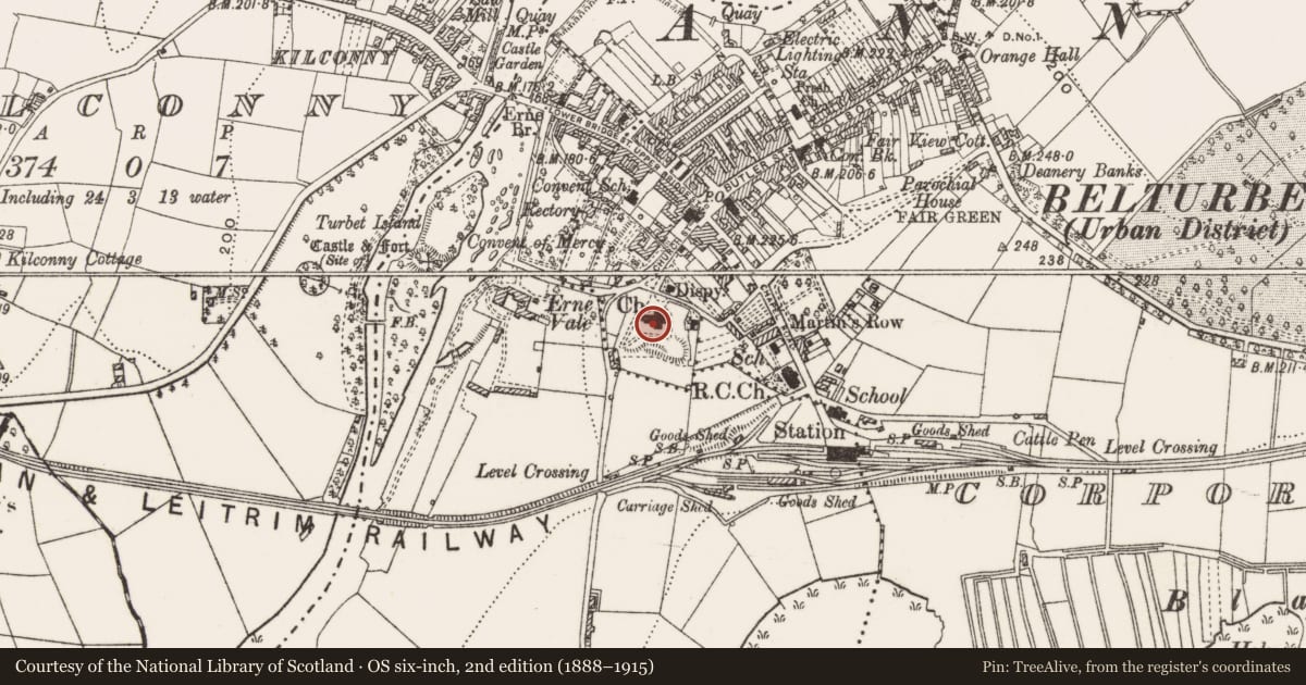 Ordnance Survey six-inch map, 2nd edition (1888–1915) covering the location of Bastioned fort, Corporation Lands, County Cavan, with a pin at the register's coordinates