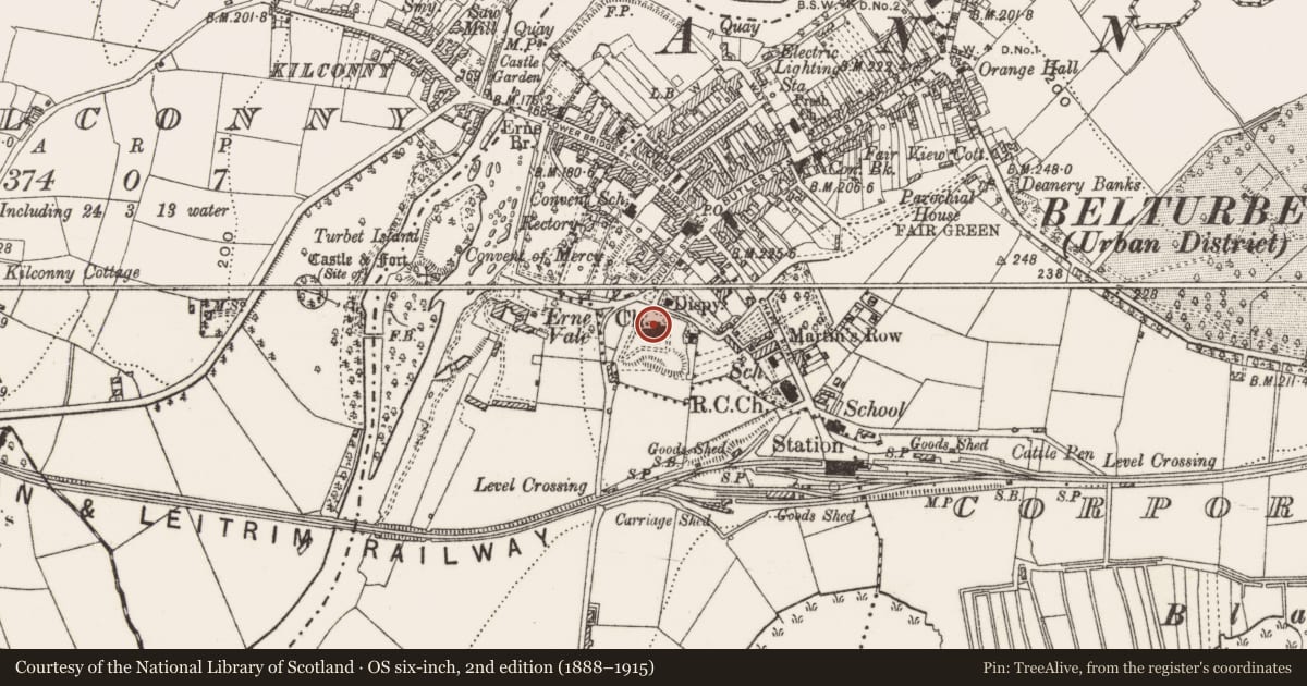Ordnance Survey six-inch map, 2nd edition (1888–1915) covering the location of Church, Corporation Lands, County Cavan, with a pin at the register's coordinates