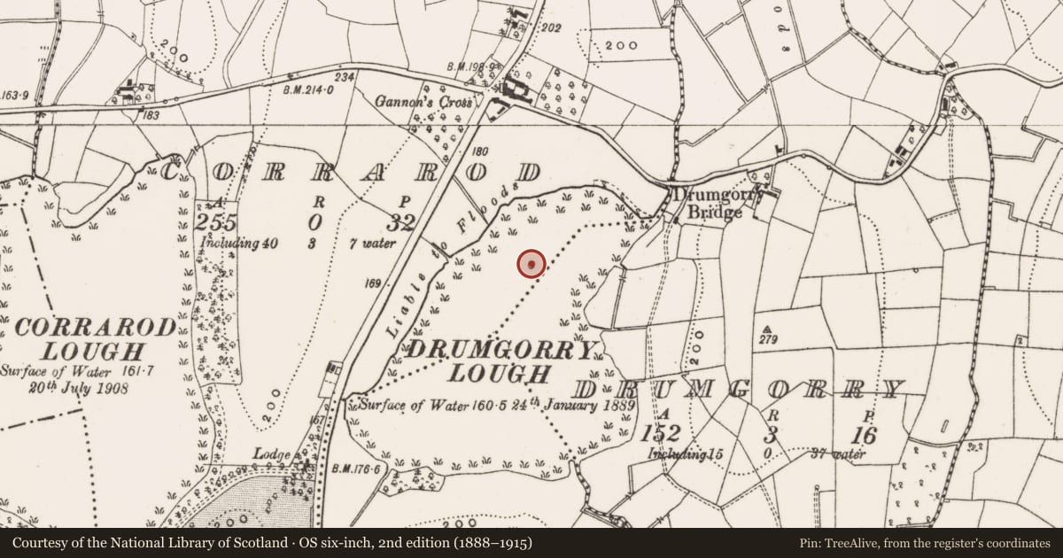 Ordnance Survey six-inch map, 2nd edition (1888–1915) covering the location of Crannog, Corrarod, County Cavan, with a pin at the register's coordinates
