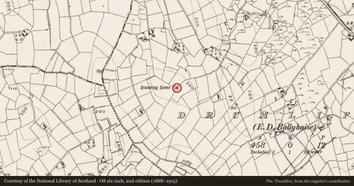 Ordnance Survey six-inch map, 2nd edition (1888–1915) covering the location of Standing stone, Drumliff, County Cavan, with a pin at the register's coordinates
