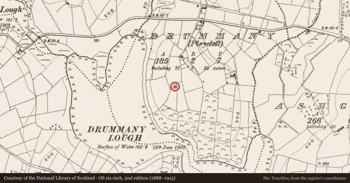 Ordnance Survey six-inch map, 2nd edition (1888–1915) covering the location of Ringfort - rath, Drummany (Pleydell), County Cavan, with a pin at the register's coordinates