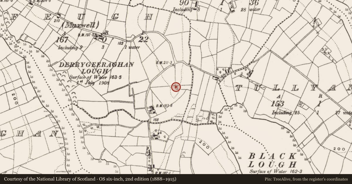 Ordnance Survey six-inch map, 2nd edition (1888–1915) covering the location of Enclosure, Feugh (Maxwell), County Cavan, with a pin at the register's coordinates