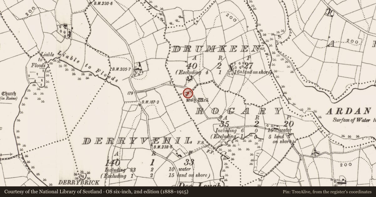 Ordnance Survey six-inch map, 2nd edition (1888–1915) covering the location of Ritual site - holy well, Rogary, County Cavan, with a pin at the register's coordinates