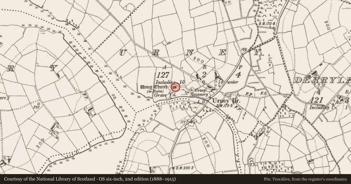 Ordnance Survey six-inch map, 2nd edition (1888–1915) covering the location of Church, Urney, County Cavan, with a pin at the register's coordinates