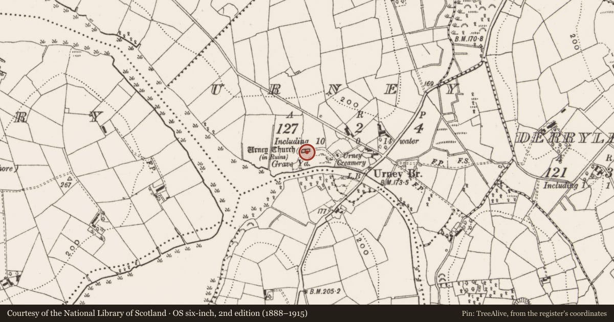 Ordnance Survey six-inch map, 2nd edition (1888–1915) covering the location of Graveyard, Urney, County Cavan, with a pin at the register's coordinates