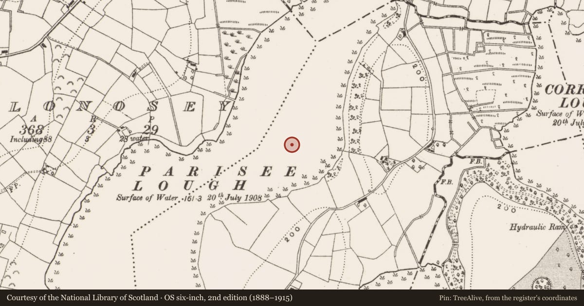 Ordnance Survey six-inch map, 2nd edition (1888–1915) covering the location of Crannog, Parisee, County Cavan, with a pin at the register's coordinates