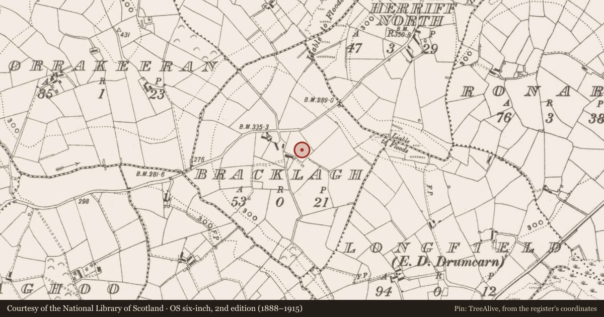 Ordnance Survey six-inch map, 2nd edition (1888–1915) covering the location of Enclosure, Bracklagh, County Cavan, with a pin at the register's coordinates