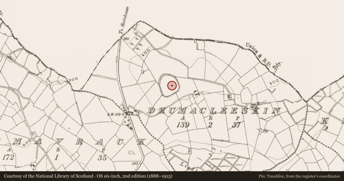 Ordnance Survey six-inch map, 2nd edition (1888–1915) covering the location of Hilltop enclosure, Drumacleeskin, County Cavan, with a pin at the register's coordinates
