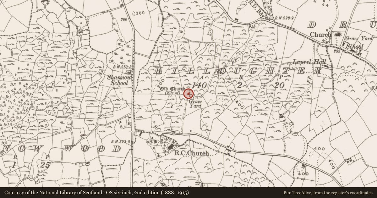 Ordnance Survey six-inch map, 2nd edition (1888–1915) covering the location of Church, Killoughter, County Cavan, with a pin at the register's coordinates