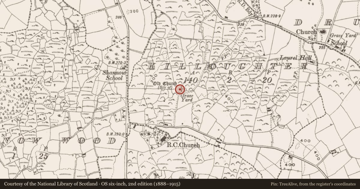 Ordnance Survey six-inch map, 2nd edition (1888–1915) covering the location of Graveyard, Killoughter, County Cavan, with a pin at the register's coordinates