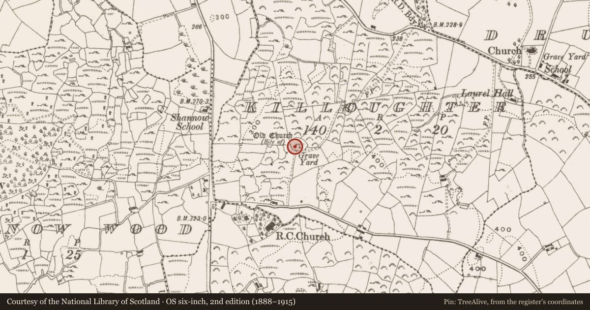 Ordnance Survey six-inch map, 2nd edition (1888–1915) covering the location of Architectural fragment, Killoughter, County Cavan, with a pin at the register's coordinates