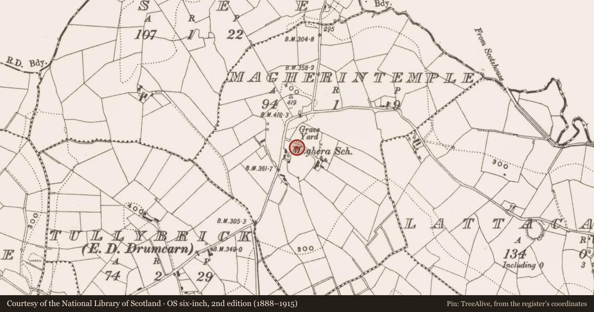 Ordnance Survey six-inch map, 2nd edition (1888–1915) covering the location of Hilltop enclosure, Magherintemple, County Cavan, with a pin at the register's coordinates