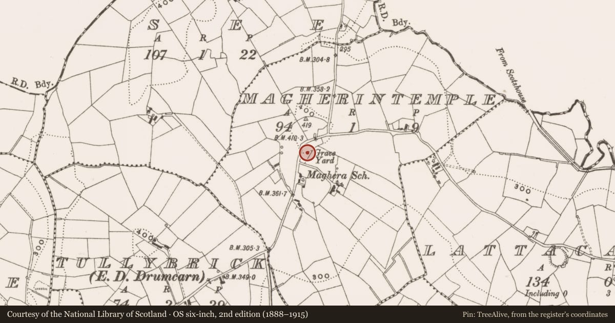Ordnance Survey six-inch map, 2nd edition (1888–1915) covering the location of Church, Magherintemple, County Cavan, with a pin at the register's coordinates