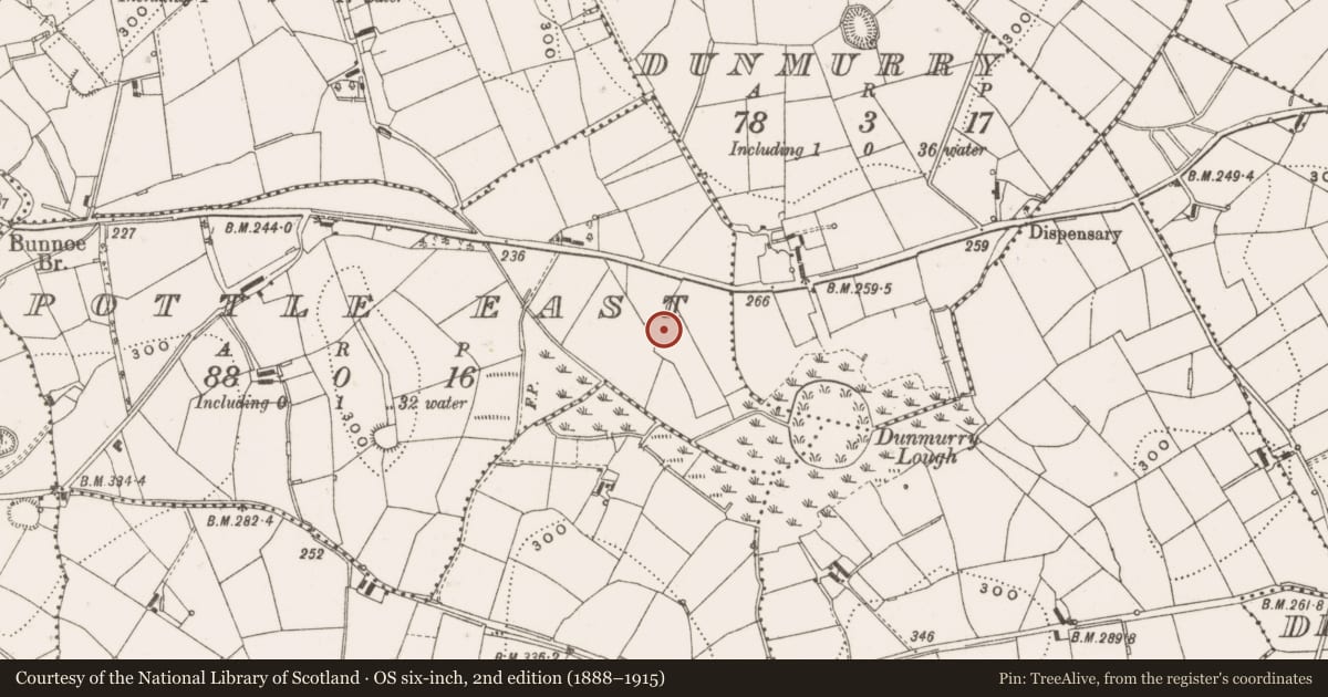 Ordnance Survey six-inch map, 2nd edition (1888–1915) covering the location of Bawn, Pottle East, County Cavan, with a pin at the register's coordinates