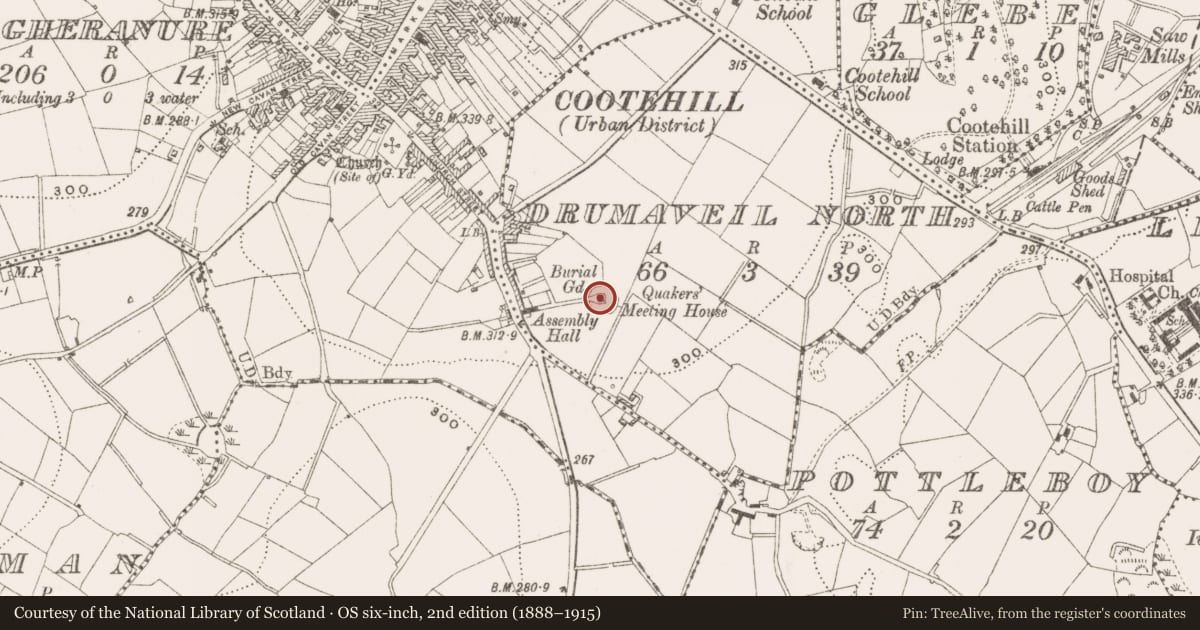Ordnance Survey six-inch map, 2nd edition (1888–1915) covering the location of Meeting-house, Drumaveil, North, County Cavan, with a pin at the register's coordinates