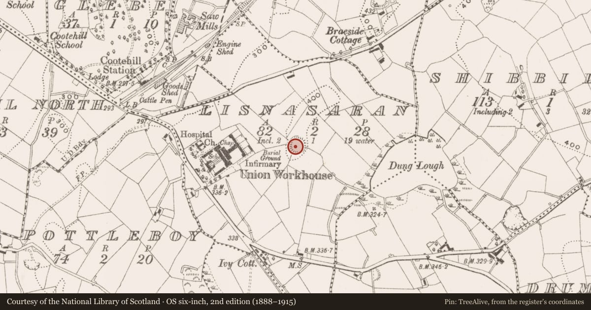 Ordnance Survey six-inch map, 2nd edition (1888–1915) covering the location of Ringfort - rath, Lisnasaran, County Cavan, with a pin at the register's coordinates