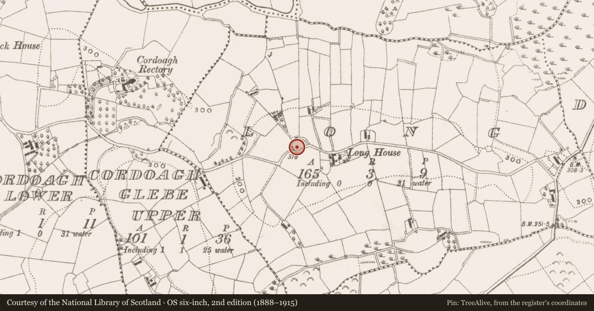Ordnance Survey six-inch map, 2nd edition (1888–1915) covering the location of Ringfort - rath, Long, County Cavan, with a pin at the register's coordinates
