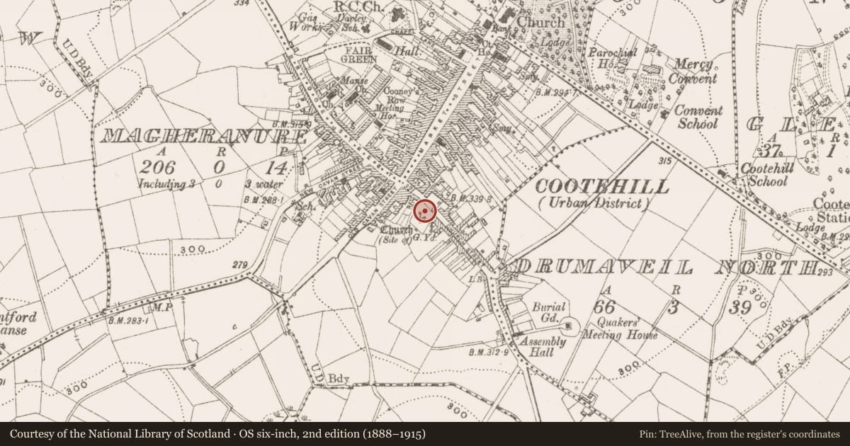 Ordnance Survey six-inch map, 2nd edition (1888–1915) covering the location of Church, Magheranure, County Cavan, with a pin at the register's coordinates