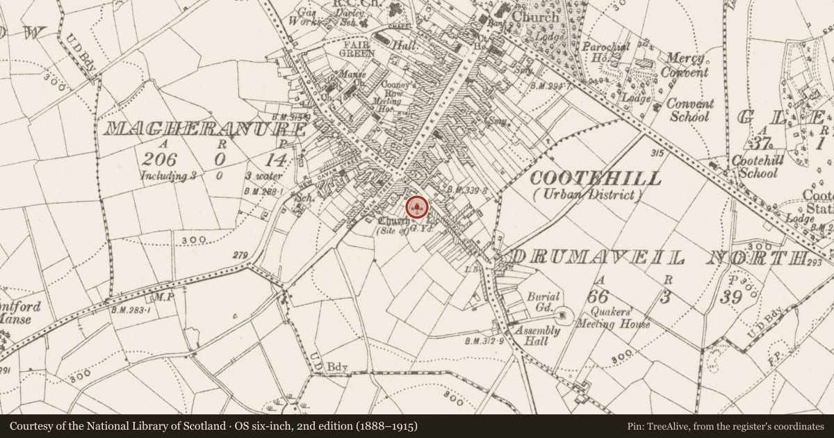 Ordnance Survey six-inch map, 2nd edition (1888–1915) covering the location of Graveyard, Magheranure, County Cavan, with a pin at the register's coordinates