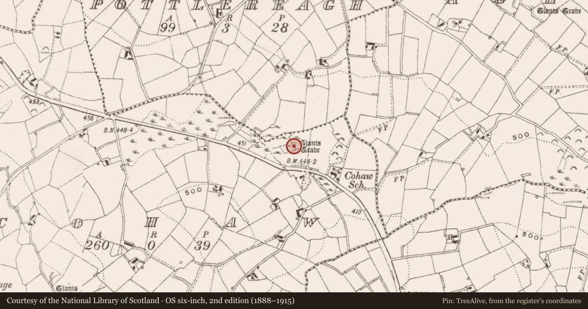 Ordnance Survey six-inch map, 2nd edition (1888–1915) covering the location of Megalithic tomb - court tomb, Cohaw, County Cavan, with a pin at the register's coordinates