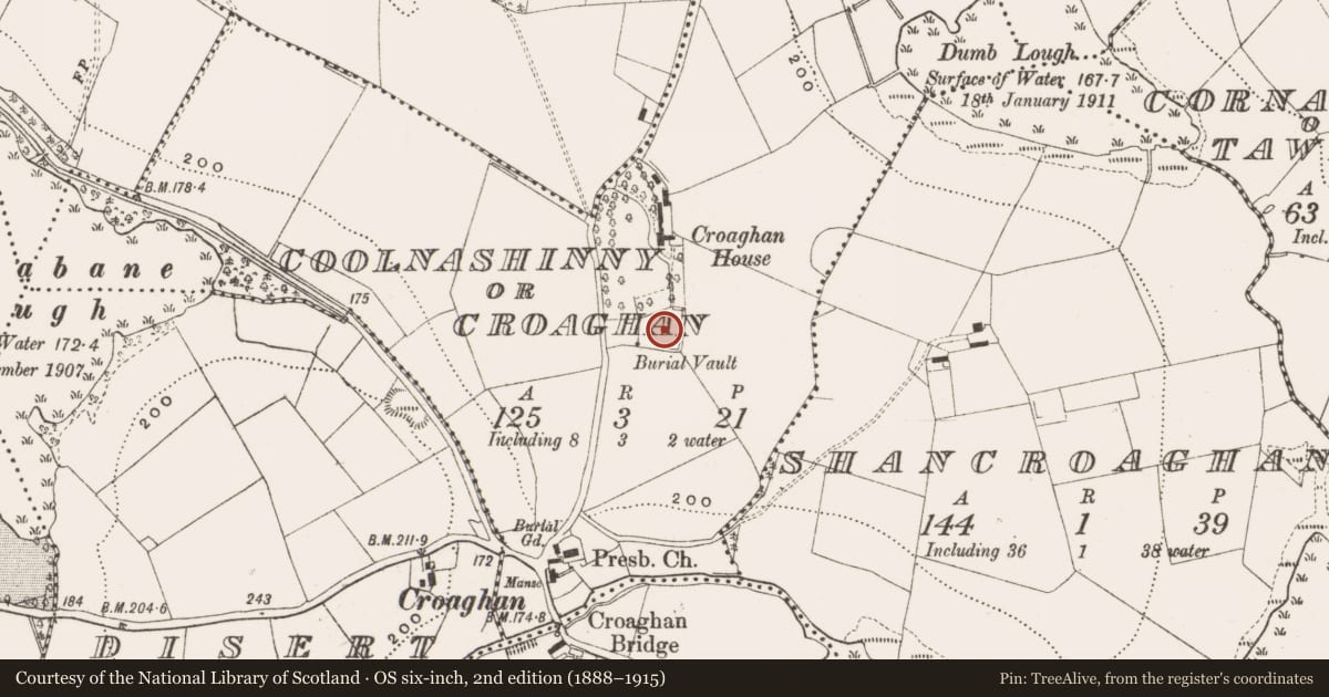 Ordnance Survey six-inch map, 2nd edition (1888–1915) covering the location of Bawn, Coolnashinny Or Croaghan, County Cavan, with a pin at the register's coordinates