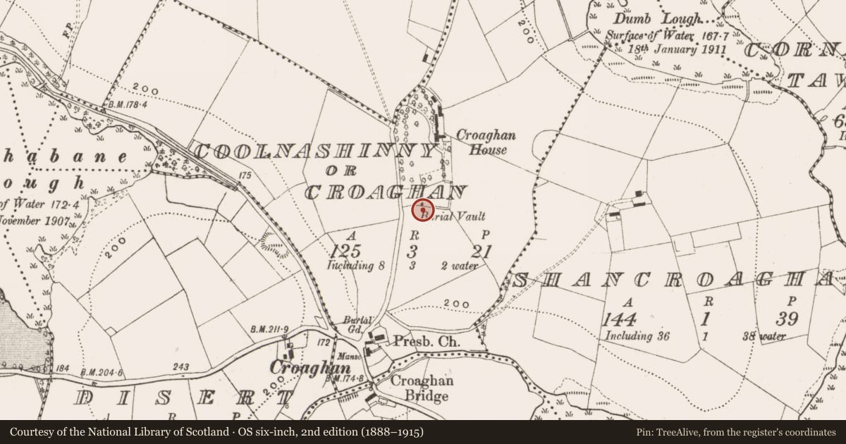 Ordnance Survey six-inch map, 2nd edition (1888–1915) covering the location of Mausoleum, Coolnashinny Or Croaghan, County Cavan, with a pin at the register's coordinates