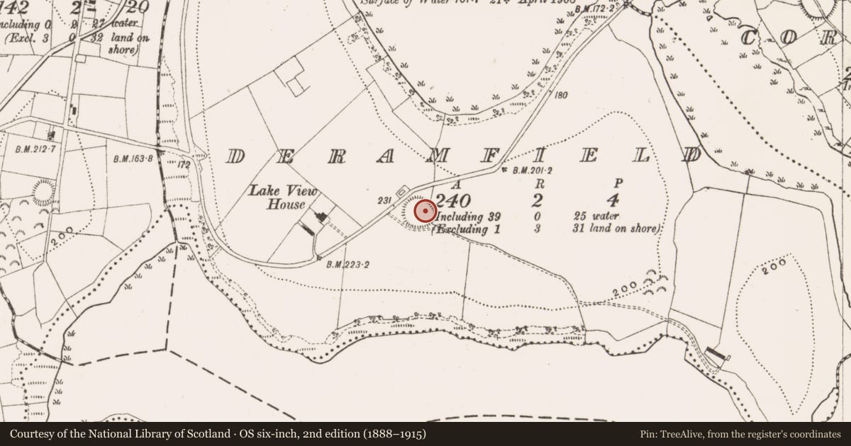 Ordnance Survey six-inch map, 2nd edition (1888–1915) covering the location of Ringfort - rath, Deramfield, County Cavan, with a pin at the register's coordinates