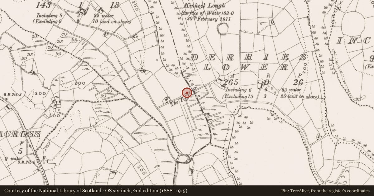 Ordnance Survey six-inch map, 2nd edition (1888–1915) covering the location of Road - unclassified togher, Derries Lower, Kinkeel, County Cavan, with a pin at the register's coordinates
