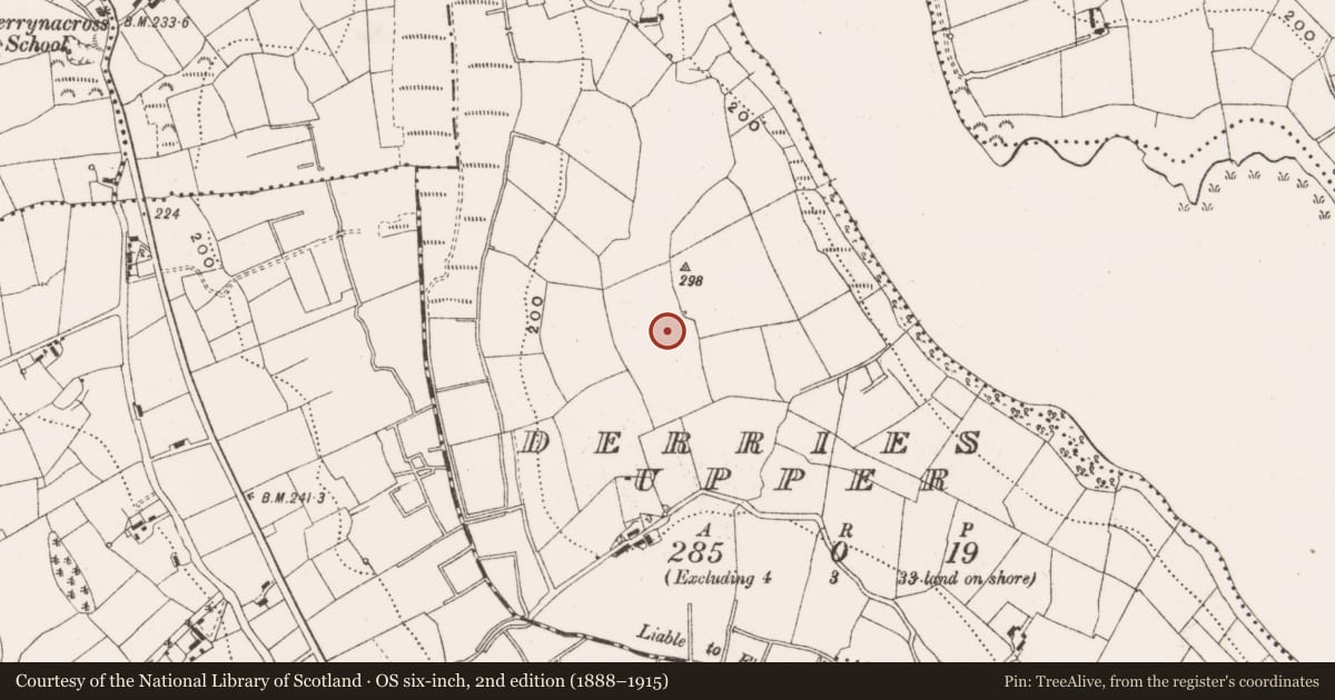 Ordnance Survey six-inch map, 2nd edition (1888–1915) covering the location of Ringfort - rath, Derries Upper, County Cavan, with a pin at the register's coordinates