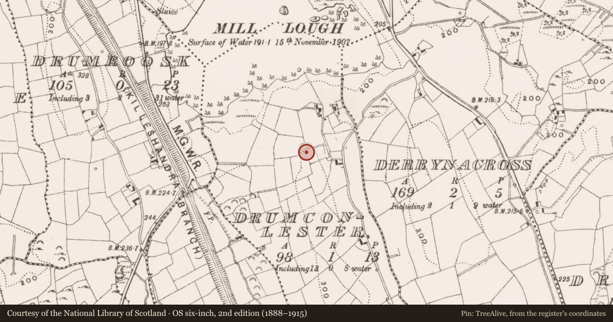 Ordnance Survey six-inch map, 2nd edition (1888–1915) covering the location of Ringfort - rath, Drumconlester, County Cavan, with a pin at the register's coordinates