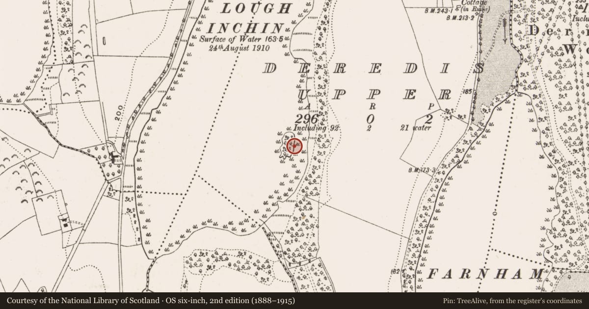 Ordnance Survey six-inch map, 2nd edition (1888–1915) covering the location of Crannog, Deredis Upper, County Cavan, with a pin at the register's coordinates