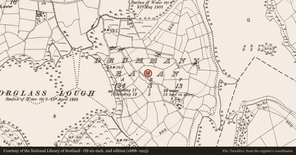 Ordnance Survey six-inch map, 2nd edition (1888–1915) covering the location of Enclosure, Drummany Rahan, County Cavan, with a pin at the register's coordinates