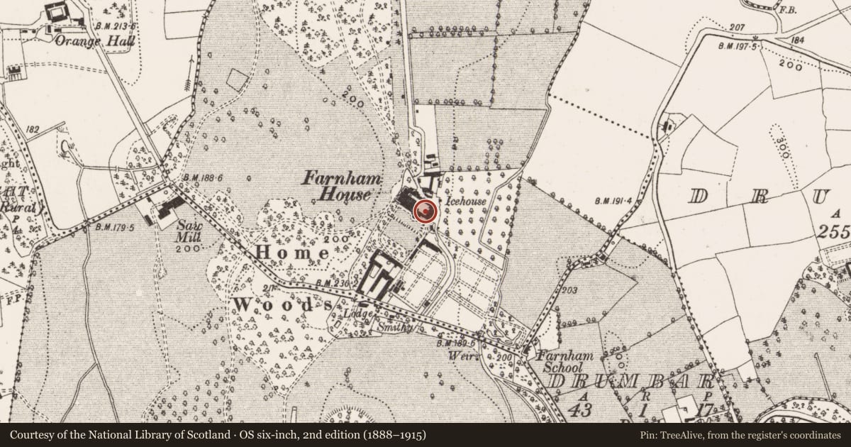 Ordnance Survey six-inch map, 2nd edition (1888–1915) covering the location of Bawn, Farnham, County Cavan, with a pin at the register's coordinates