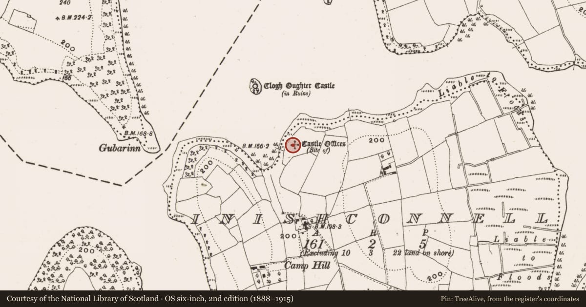 Ordnance Survey six-inch map, 2nd edition (1888–1915) covering the location of House - fortified house, Inishconnell, County Cavan, with a pin at the register's coordinates