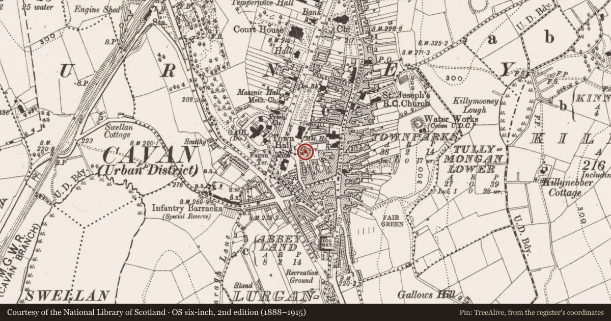 Ordnance Survey six-inch map, 2nd edition (1888–1915) covering the location of Religious house - Franciscan friars, Abbey Land, County Cavan, with a pin at the register's coordinates