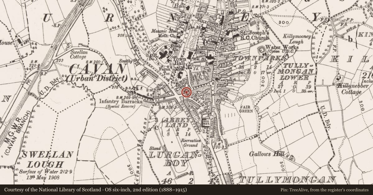 Ordnance Survey six-inch map, 2nd edition (1888–1915) covering the location of Bridge, County Cavan, with a pin at the register's coordinates