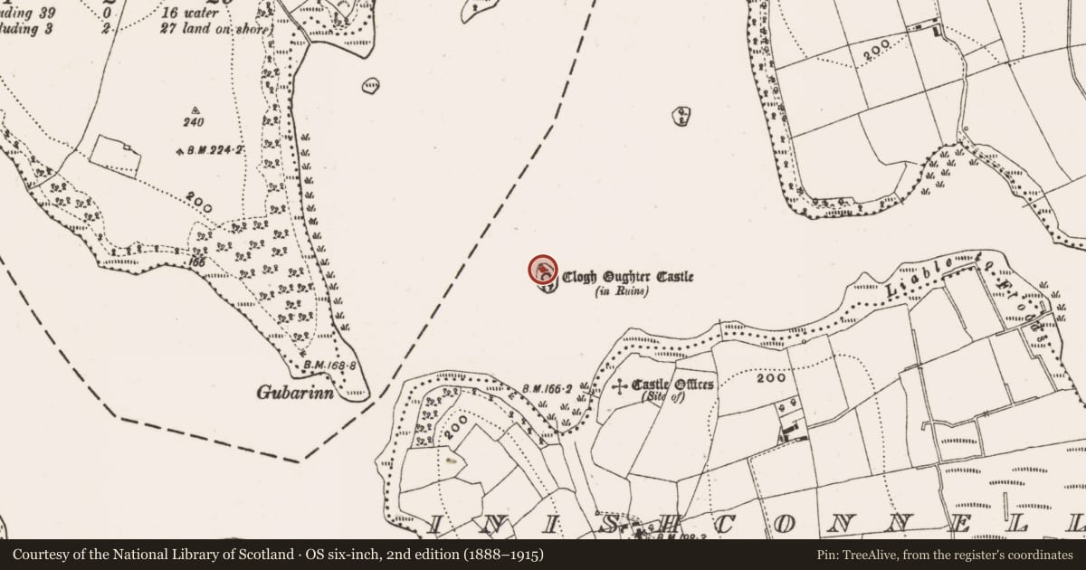 Ordnance Survey six-inch map, 2nd edition (1888–1915) covering the location of Crannog, Lough Oughter, County Cavan, with a pin at the register's coordinates