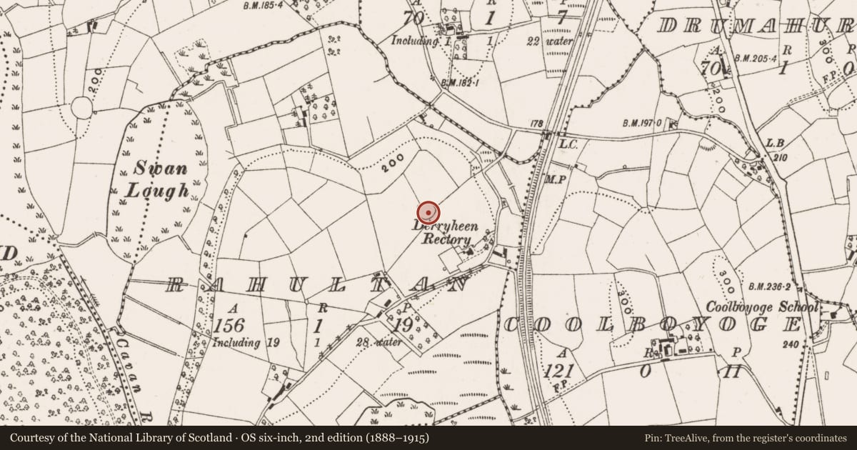 Ordnance Survey six-inch map, 2nd edition (1888–1915) covering the location of Ringfort - rath, Rahultan, County Cavan, with a pin at the register's coordinates