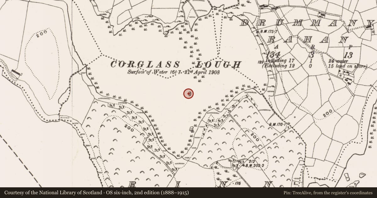 Ordnance Survey six-inch map, 2nd edition (1888–1915) covering the location of Crannog, Rinn, County Cavan, with a pin at the register's coordinates