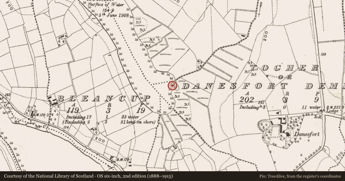 Ordnance Survey six-inch map, 2nd edition (1888–1915) covering the location of Crannog, Togher Or Danesfort Demesne, County Cavan, with a pin at the register's coordinates