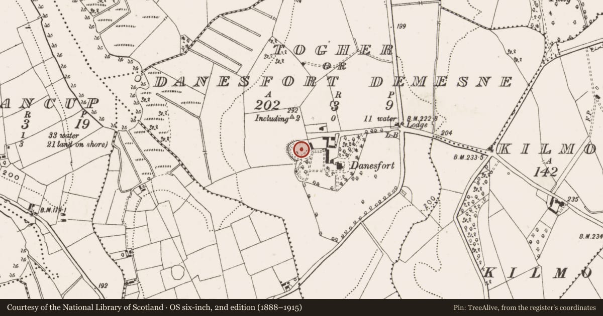 Ordnance Survey six-inch map, 2nd edition (1888–1915) covering the location of Ringfort - rath, Togher Or Danesfort Demesne, County Cavan, with a pin at the register's coordinates
