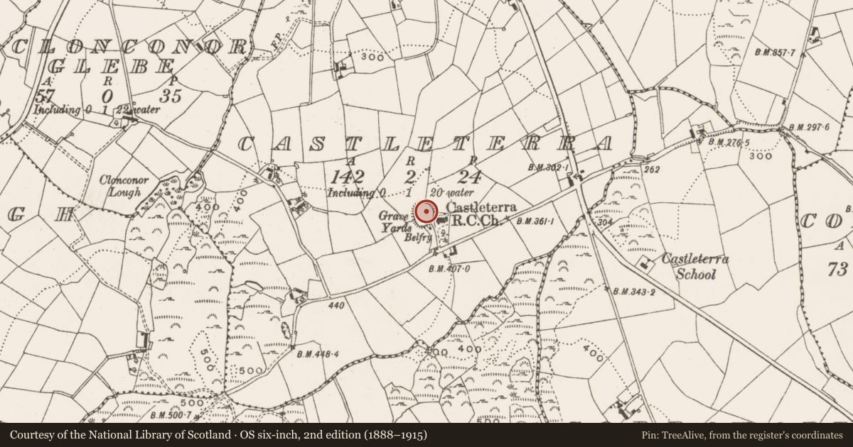 Ordnance Survey six-inch map, 2nd edition (1888–1915) covering the location of Ringfort - rath, Castleterra, County Cavan, with a pin at the register's coordinates