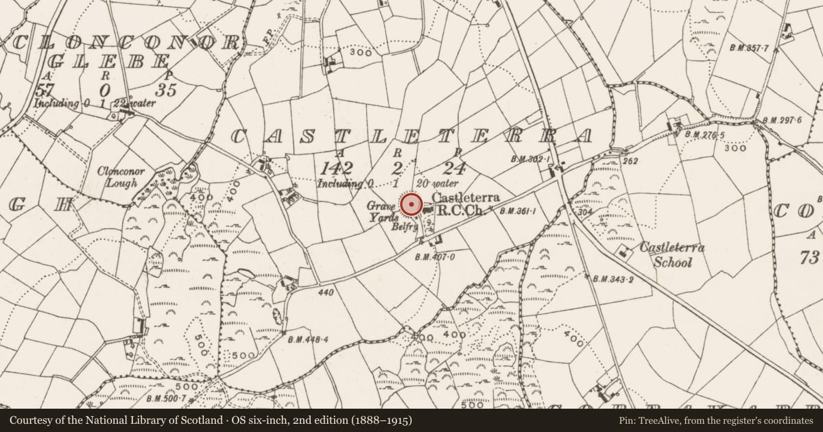Ordnance Survey six-inch map, 2nd edition (1888–1915) covering the location of Church, Castleterra, County Cavan, with a pin at the register's coordinates