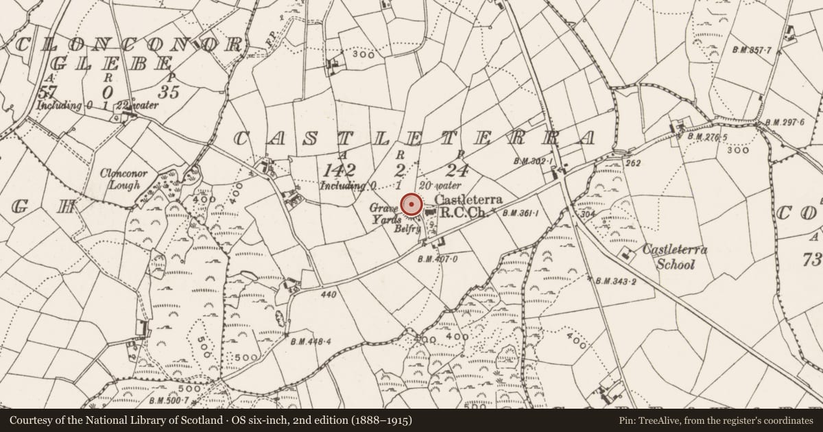 Ordnance Survey six-inch map, 2nd edition (1888–1915) covering the location of Graveyard, Castleterra, County Cavan, with a pin at the register's coordinates